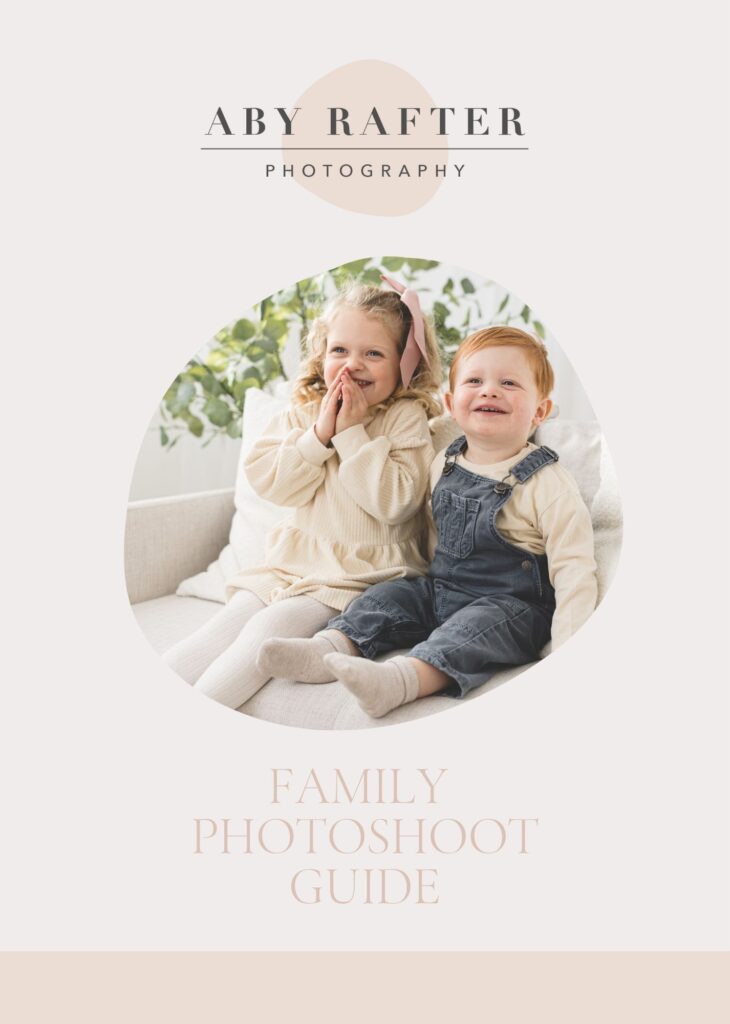 Cover image for a guide to family photoshoot Text and image of two smiling children