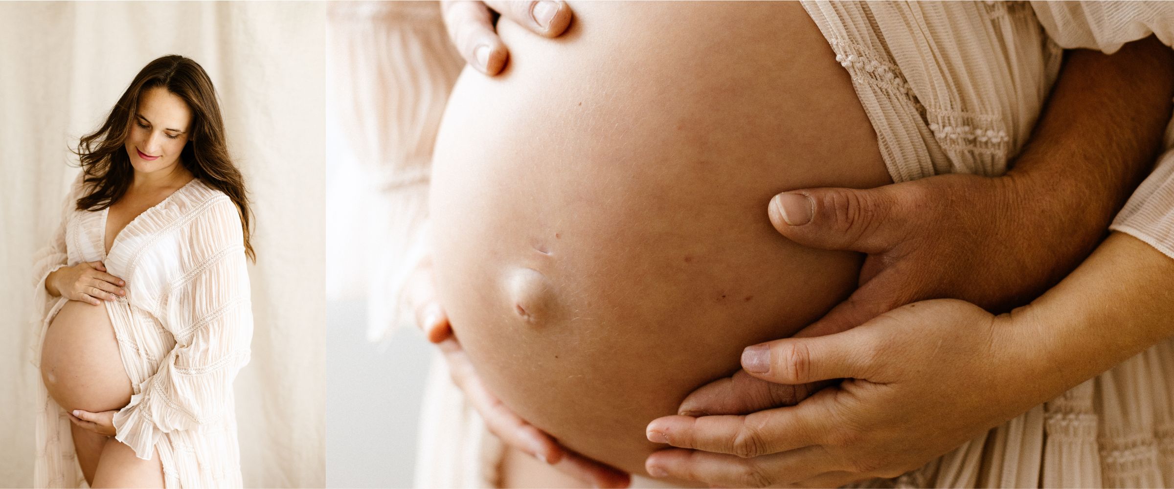 Pregnant mum cradling bump and mum and dad hands on pregnant belly